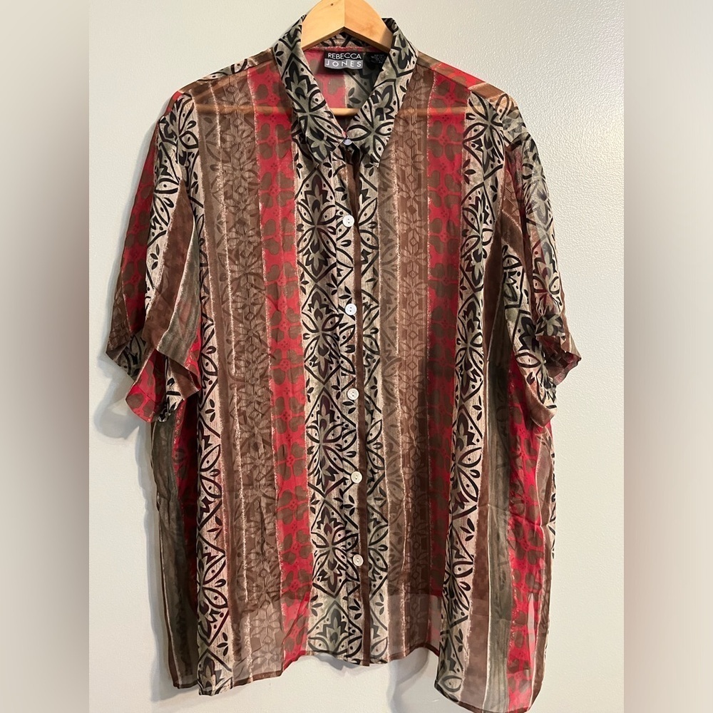 Rebecca Jones Womens Brown Geometric Print 100% Silk Semi Sheer Blouse Boho 4XL